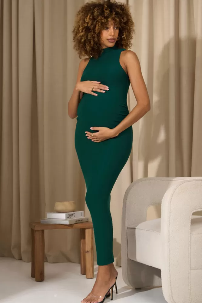 Club L London Anika | Bottle Green High-Neck Sleeveless Split Maternity Maxi Dress BOTTLEGREEN Cheap