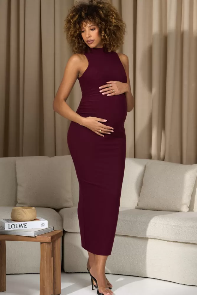 Club L London Anika | High-Neck Sleeveless Split Maternity Maxi Dress BURGUNDY New