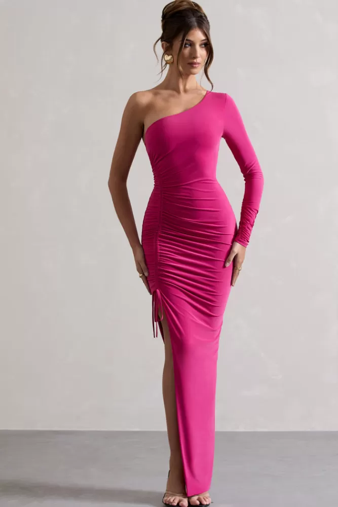 Club L London Anima | Dark Pink Asymmetric Ruched One-Sleeve Maxi Dress BOUDOIRRED Clearance