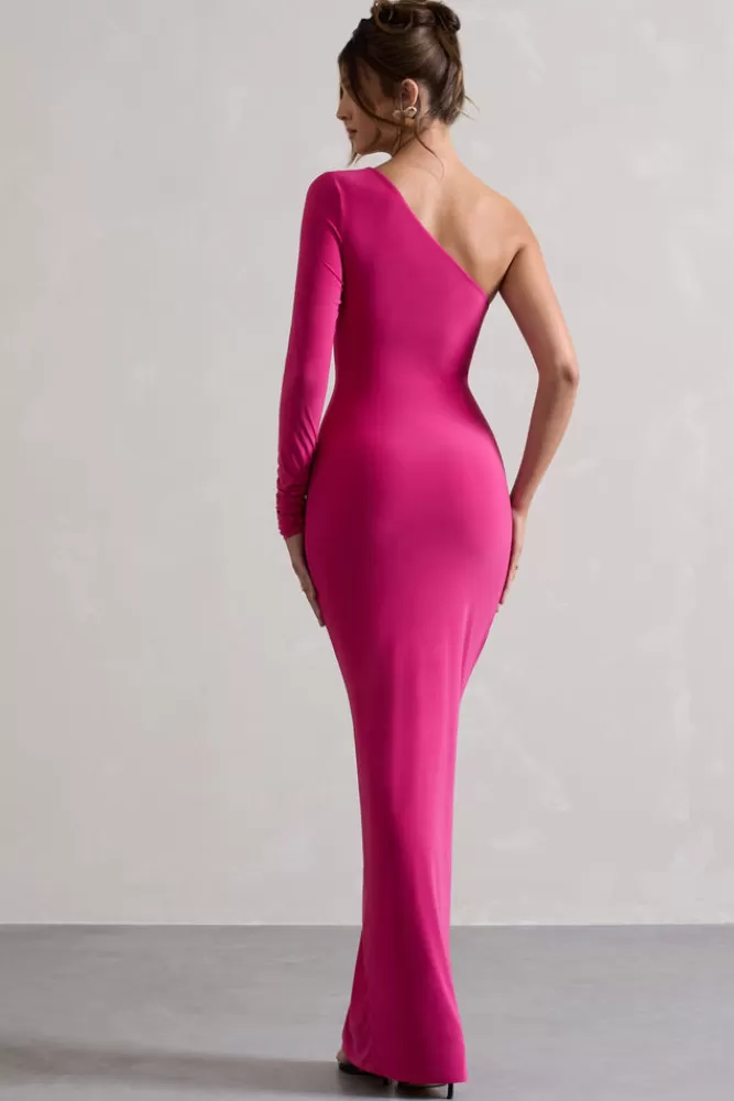 Club L London Anima | Dark Pink Asymmetric Ruched One-Sleeve Maxi Dress BOUDOIRRED Clearance