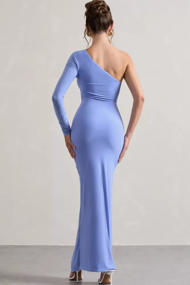 Club L London Anima | Pale Blue Asymmetric Ruched One-Sleeve Maxi Dress COASTLINEBLUE New