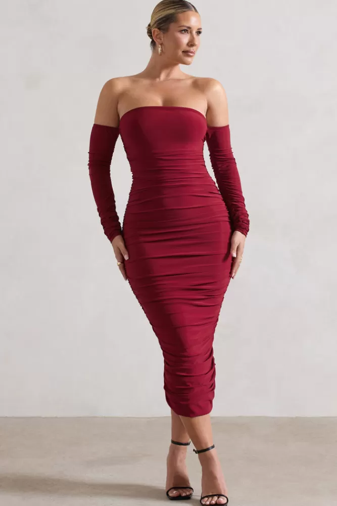 Club L London Anissa | Ruched Bardot Midi Dress BERRY Online