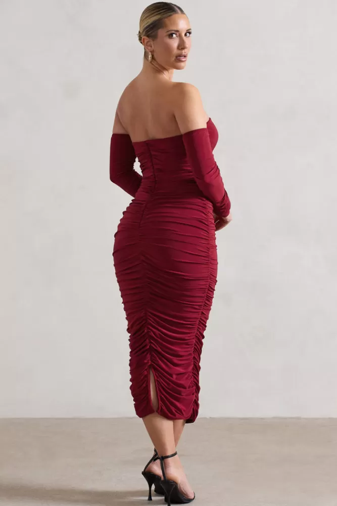 Club L London Anissa | Ruched Bardot Midi Dress BERRY Online