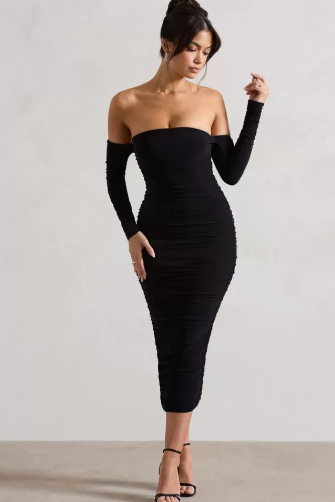 Club L London Anissa | Ruched Bardot Midi Dress BLACK Store