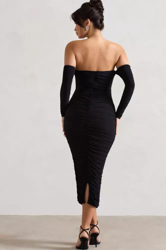 Club L London Anissa | Ruched Bardot Midi Dress BLACK Store