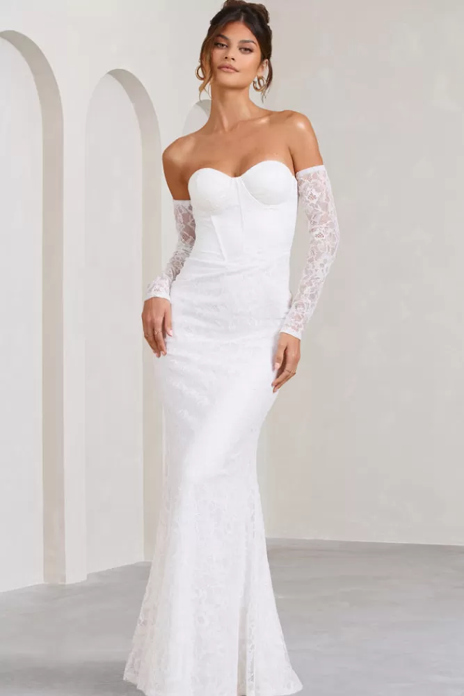 Club L London Aniyah | Lace Bandeau Neckline Corset Fishtail Maxi Dress With Sheer Sleeves WHITE Shop