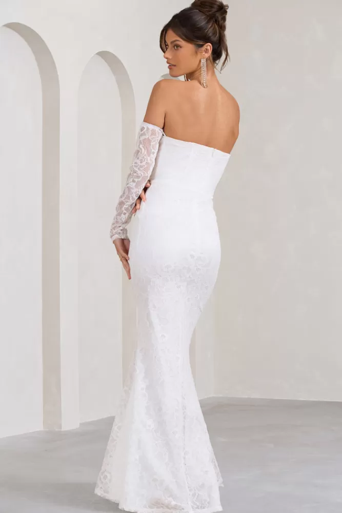 Club L London Aniyah | Lace Bandeau Neckline Corset Fishtail Maxi Dress With Sheer Sleeves WHITE Shop
