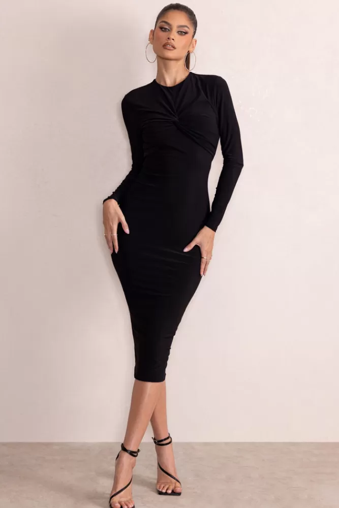 Club L London Anna | High Neck Twist Front Bodycon Midi Dress With Long Sleeves Black Discount