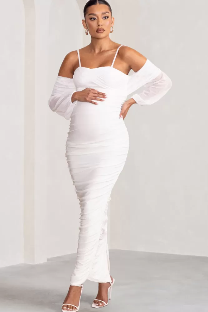 Club L London Announcement | White Maternity Ruched Mesh Maxi Dress Cream Cheap