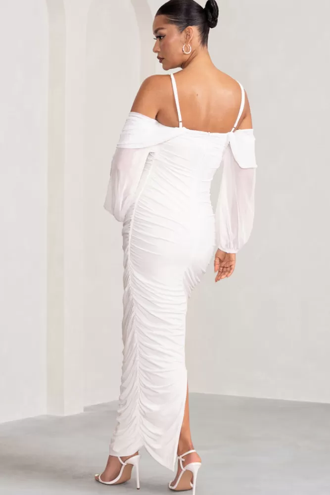 Club L London Announcement | White Maternity Ruched Mesh Maxi Dress Cream Cheap