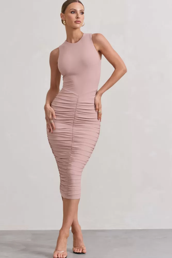 Club L London Antonia | Sleeveless Ruched Bodycon Midi Dress CHAMPAGNE Shop