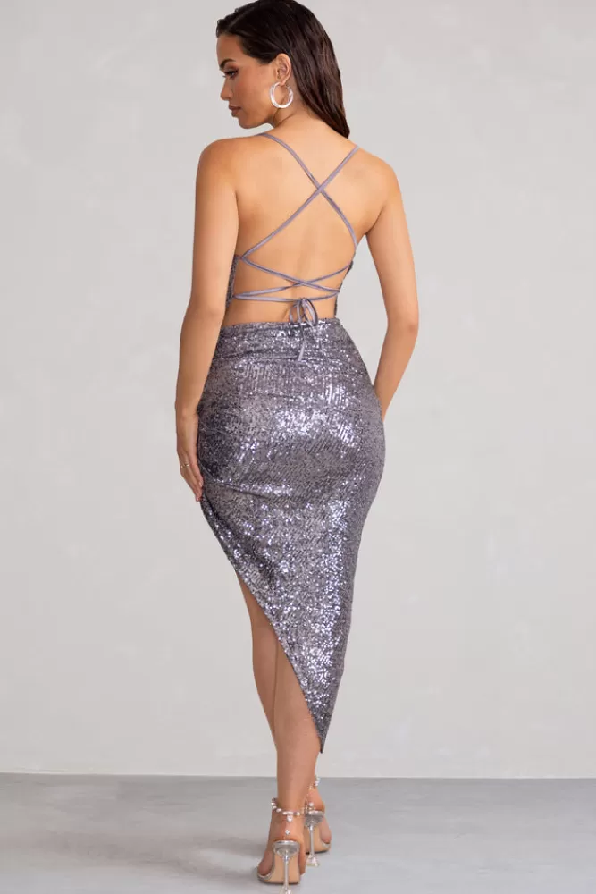 Club L London Anya | Sequin Cami Cowl Neck Asymmetric Hem Midi Dress Gunmetal Fashion