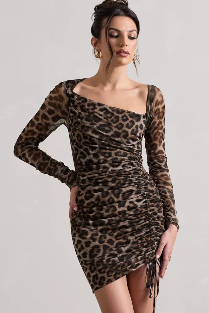 Club L London Aphrodite | Leopard Print Asymmetric Ruched Side Mini Dress LEOPARDPRINT Flash Sale