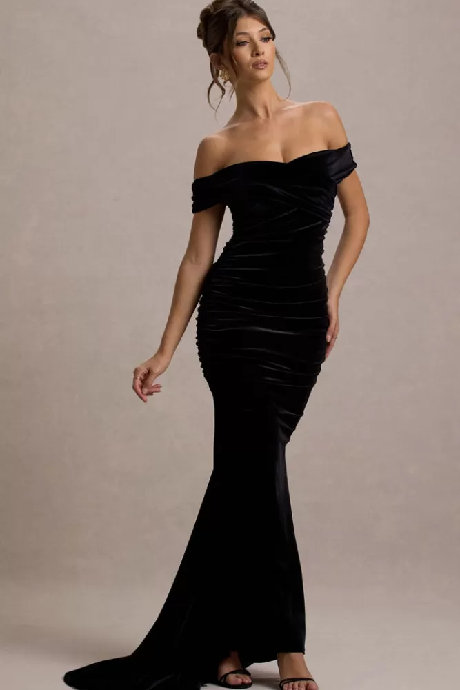 Club L London Apolline | Velvet Off The Shoulder Ruched Fishtail Maxi Dress BLACK Fashion