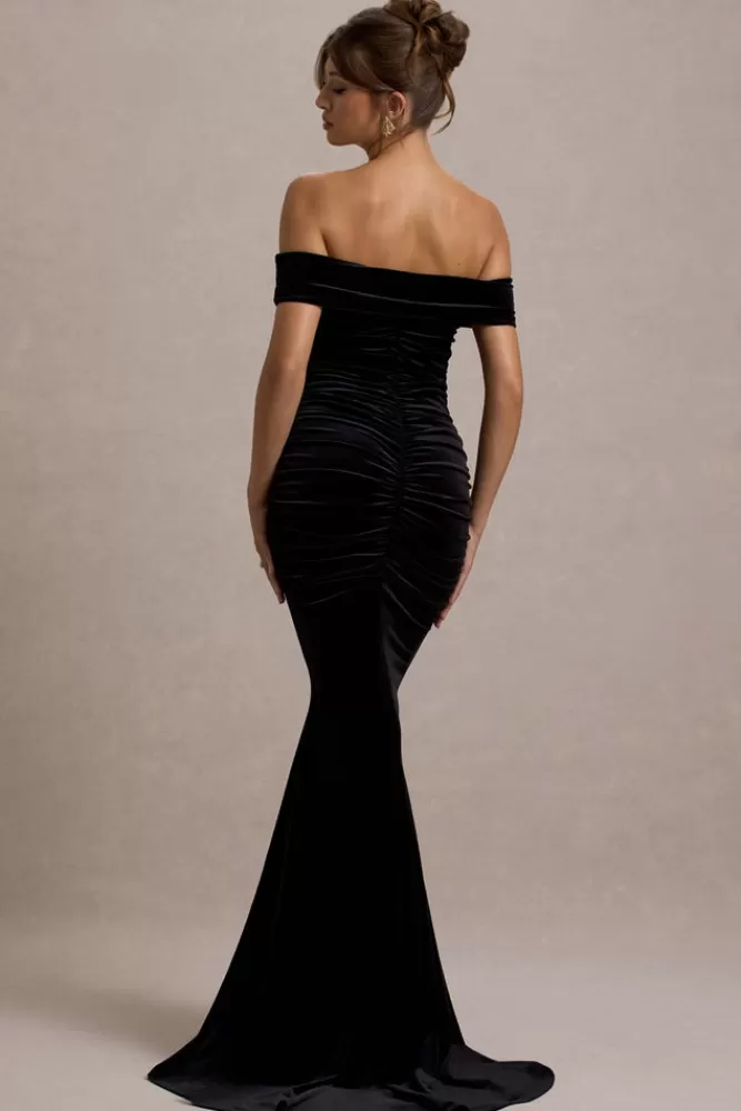 Club L London Apolline | Velvet Off The Shoulder Ruched Fishtail Maxi Dress BLACK Fashion