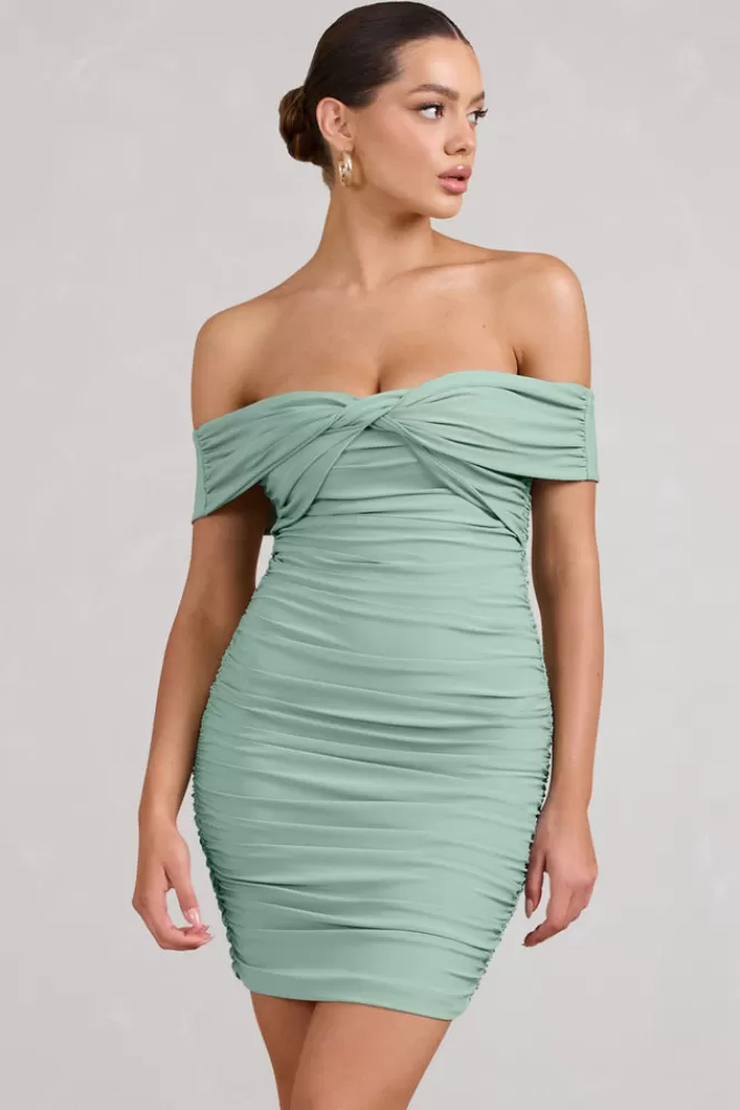 Club L London Appreciate | Off The Shoulder Ruched Mini Dress SAGE Clearance