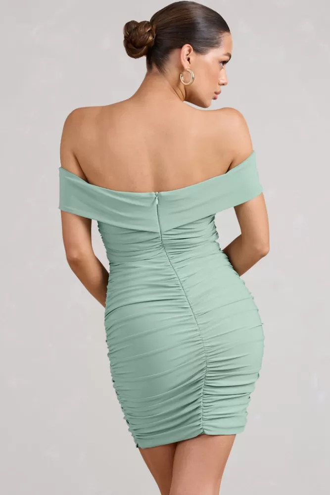 Club L London Appreciate | Off The Shoulder Ruched Mini Dress SAGE Clearance