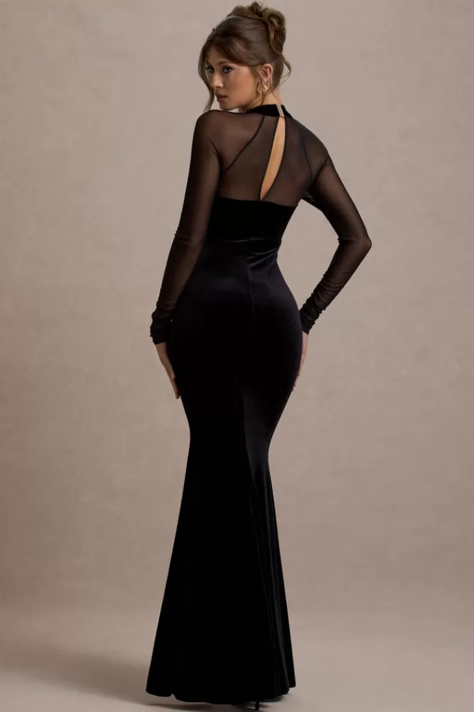Club L London Apres | Velvet Bodycon Split Maxi Dress With Sheer Sleeves BLACK Online