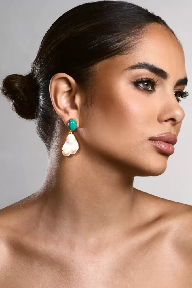 Club L London Aqua | u0026 Green Drop Earrings With Iridescent Shells GOLD Flash Sale