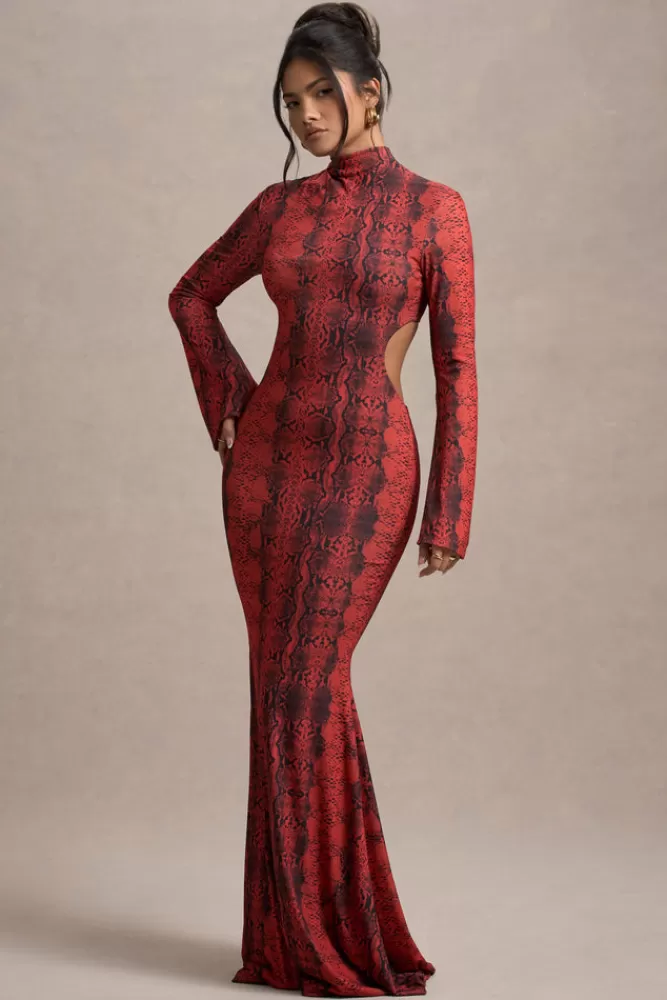 Club L London Arabia | Red Snake Print High-Neck Cut-Out Maxi Dress REDSNAKEPRINT Best Sale