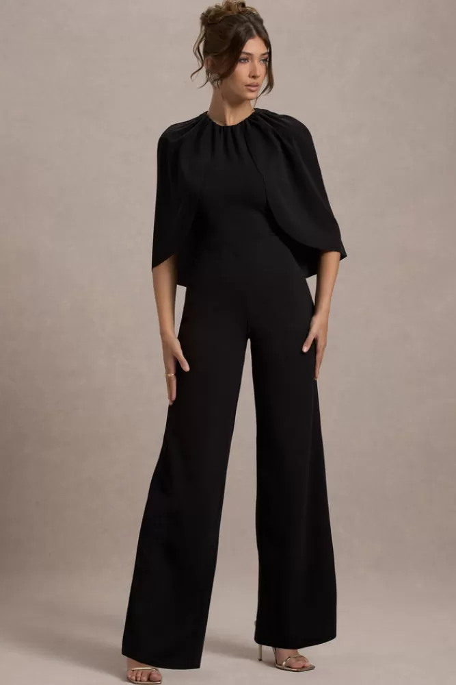 Club L London Arbor | Cape-Sleeve Straight-Leg Jumpsuit BLACK New