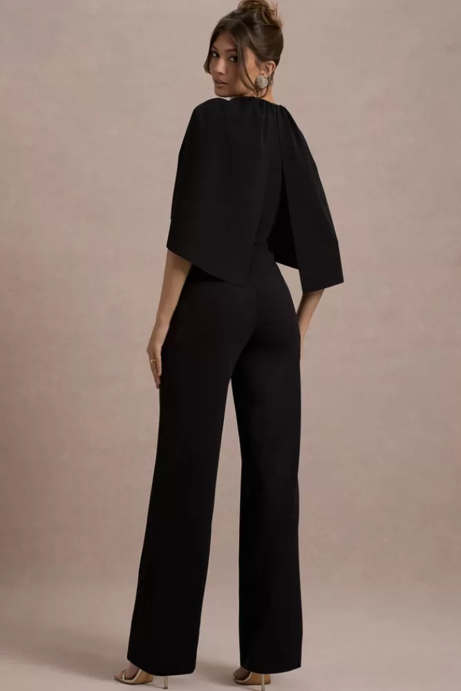 Club L London Arbor | Cape-Sleeve Straight-Leg Jumpsuit BLACK New