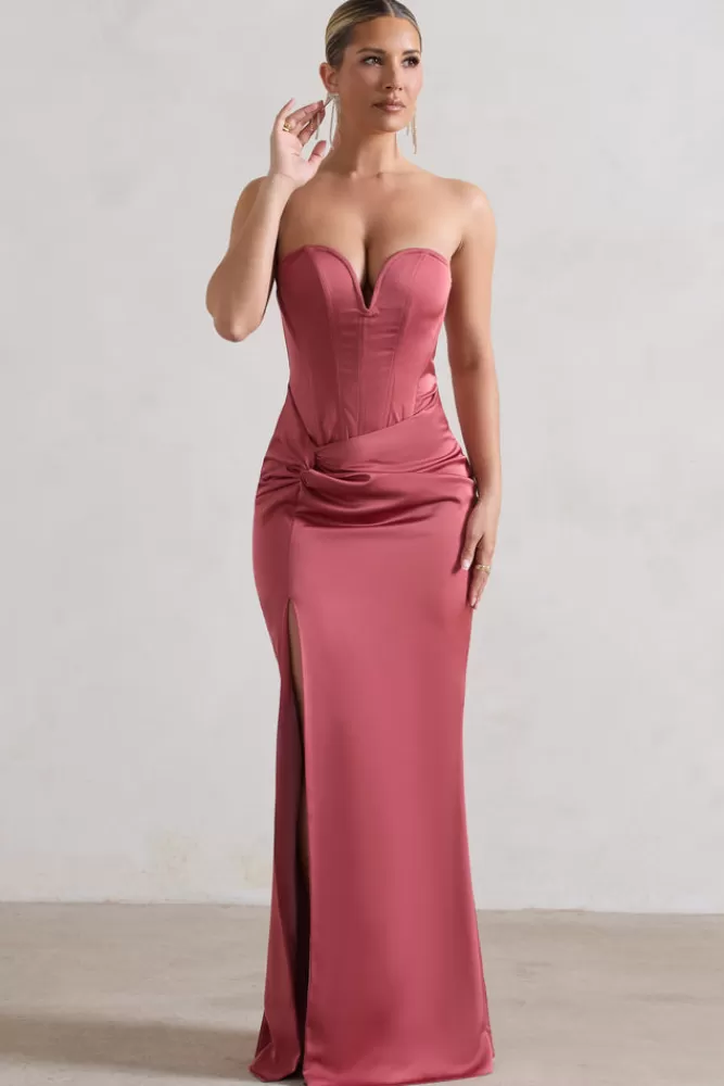 Club L London Ardelle | Rose Pink Satin Corseted Wrap Maxi Dress ROSEWOOD Flash Sale