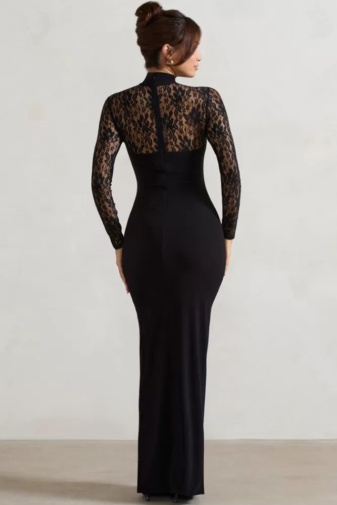 Club L London Arden | High-Neck Split Maxi Dress With Lace Sleeves BLACK Sale