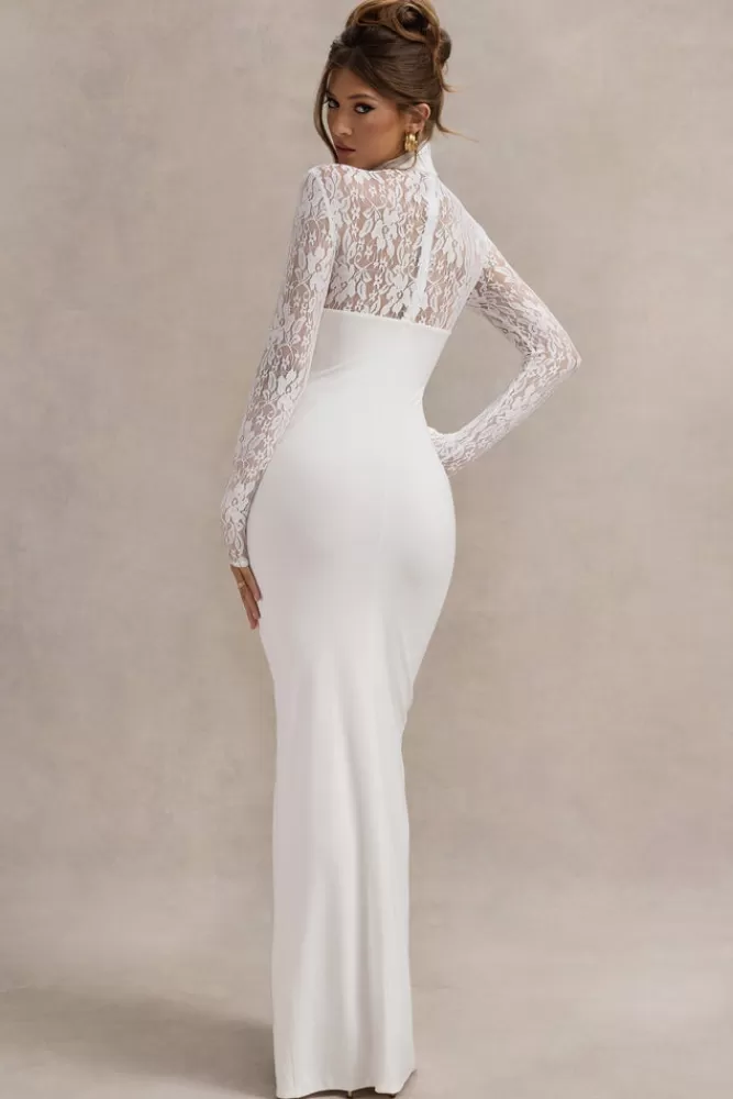 Club L London Arden | High-Neck Split Maxi Dress With Lace Sleeves WHITE Fashion