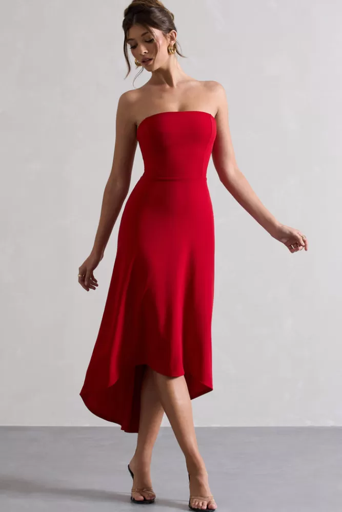 Club L London Ariela | Bandeau High-Low Midi Dress RED New