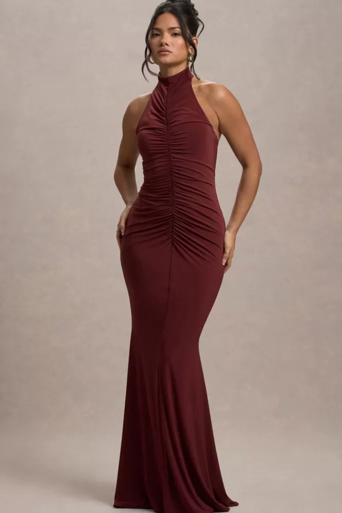 Club L London Arietta | High-Neck Ruched Fishtail Maxi Dress PORT Sale