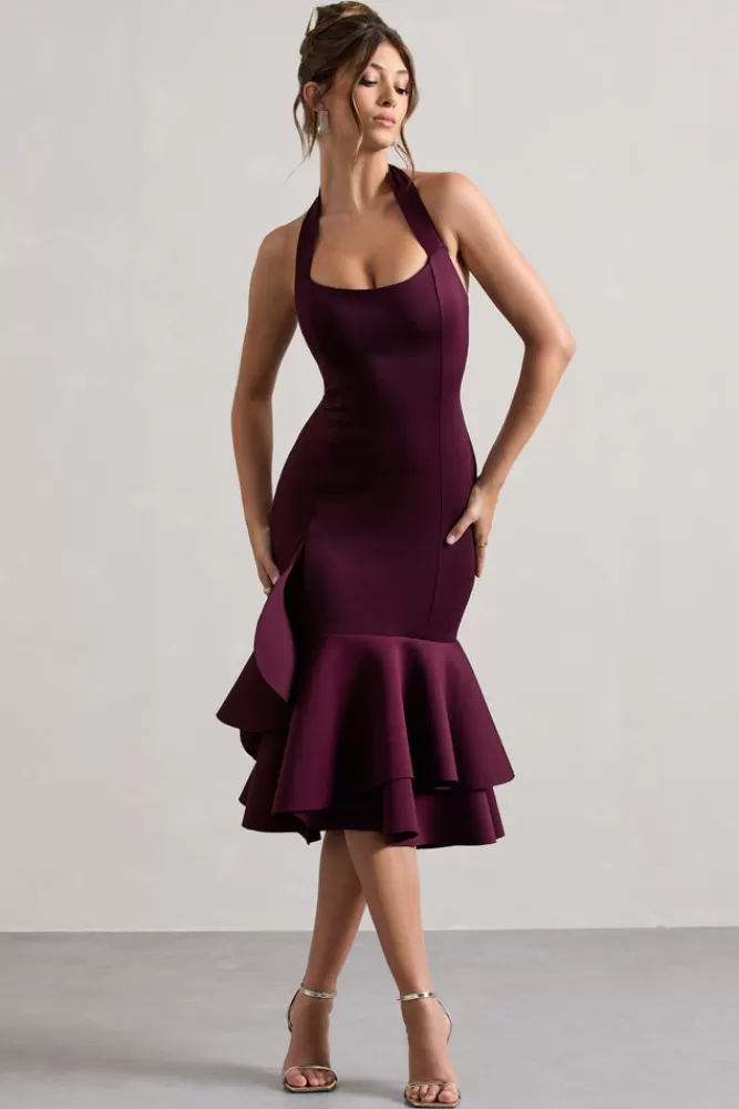 Club L London Arla | Halter-Neck Ruffle Trim Midi Dress PLUM Clearance