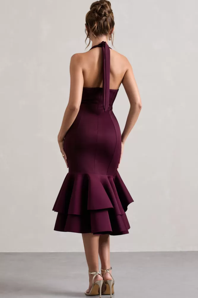 Club L London Arla | Halter-Neck Ruffle Trim Midi Dress PLUM Clearance