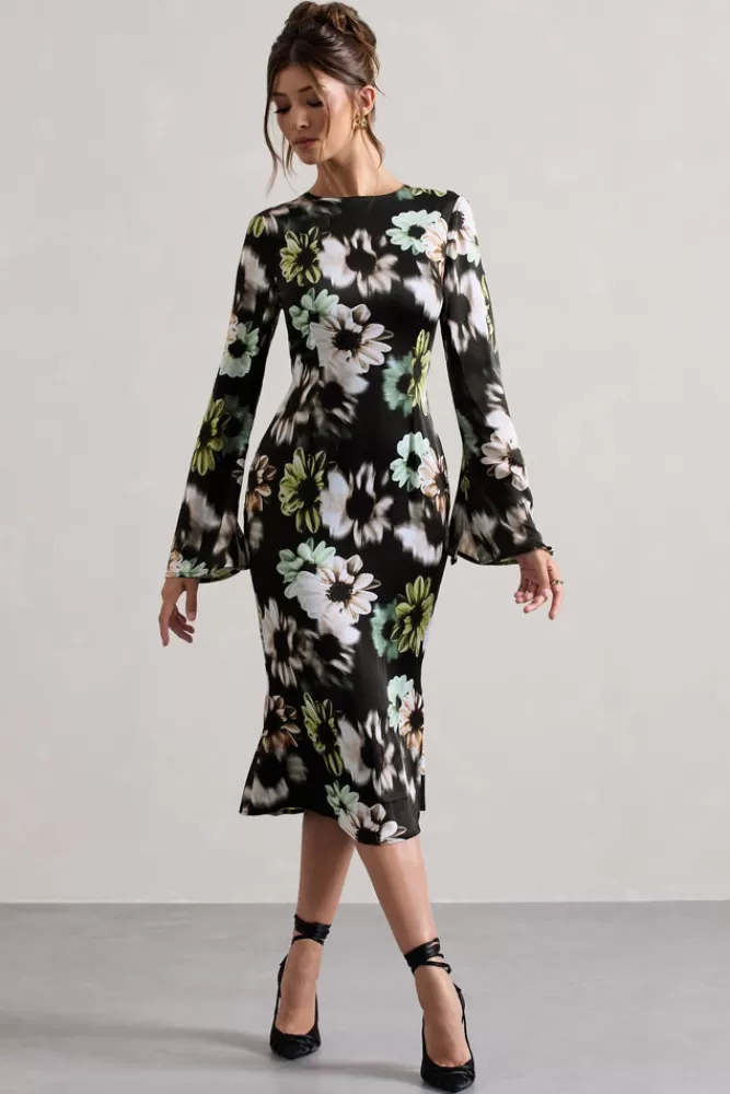 Club L London Arlitta | Black Floral Print Satin Long-Sleeve Midi Dress BLACKFLORALPRINT Best Sale