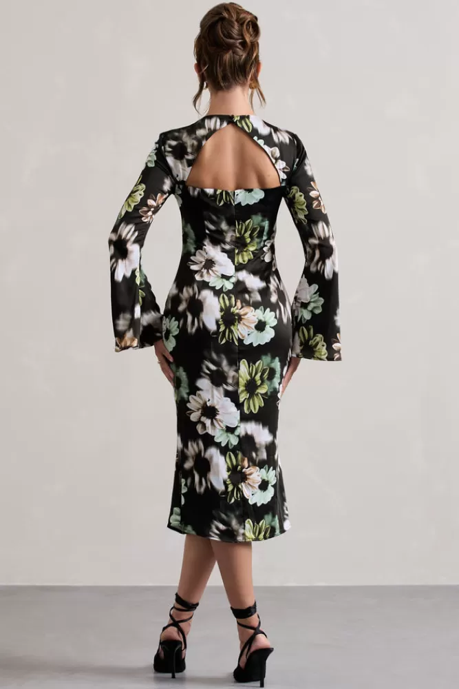 Club L London Arlitta | Black Floral Print Satin Long-Sleeve Midi Dress BLACKFLORALPRINT Best Sale