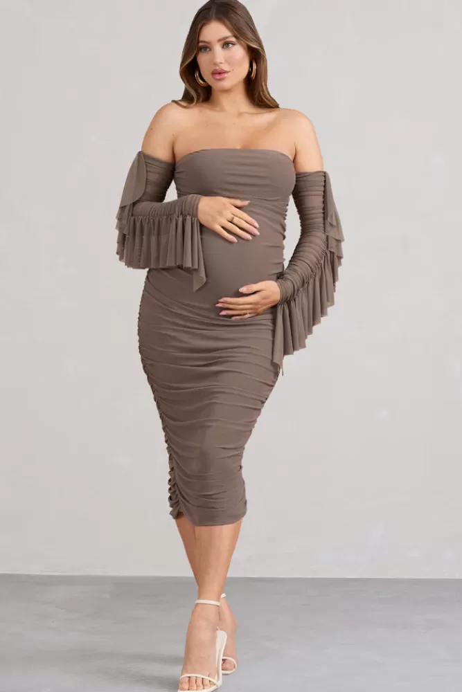 Club L London Aroma | Brown Ruched Mesh Maternity Midi Dress With Ruffled Sleeves MOCHA Best Sale