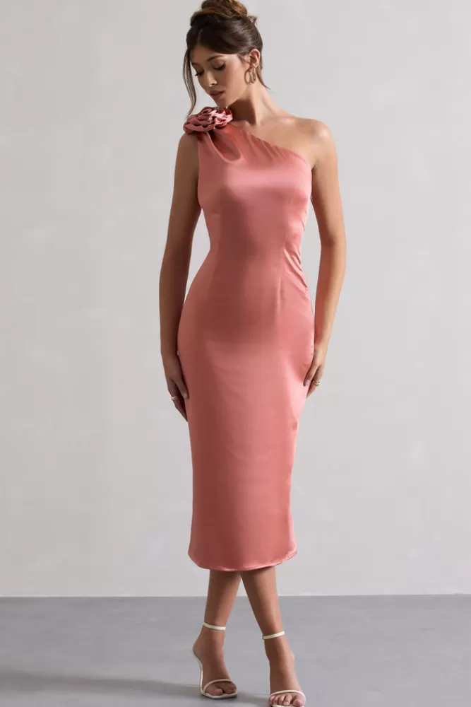 Club L London Ascot | Satin One Shoulder Midi Dress With Corsage CORAL Store