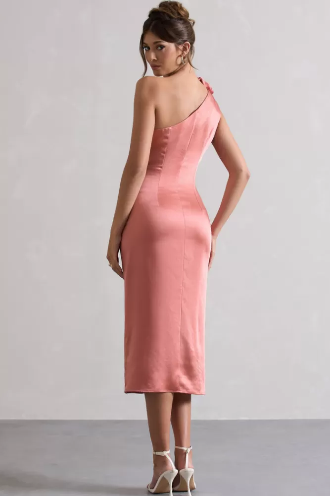 Club L London Ascot | Satin One Shoulder Midi Dress With Corsage CORAL Store