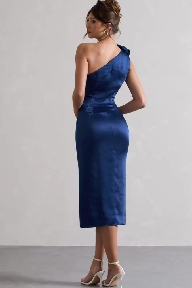 Club L London Ascot | Satin One Shoulder Midi Dress With Corsage NAVY Online