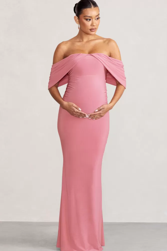 Club L London Asha | Pink Draped Sleeve Bardot Maternity Maxi Dress BLUSH Discount