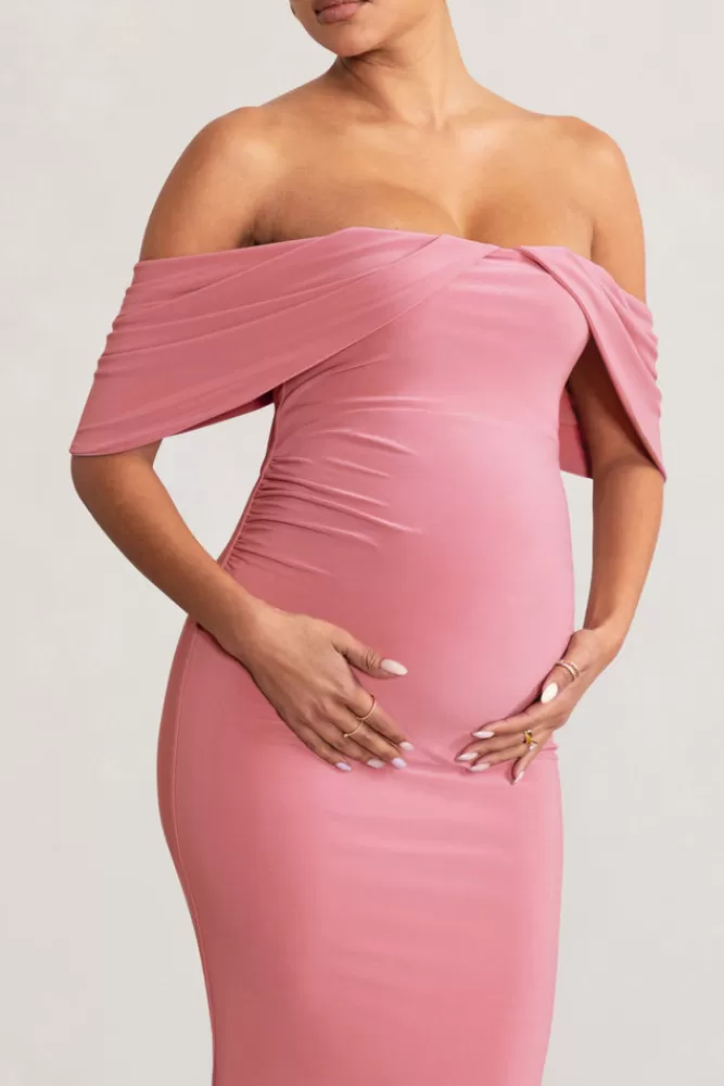 Club L London Asha | Pink Draped Sleeve Bardot Maternity Maxi Dress BLUSH Discount