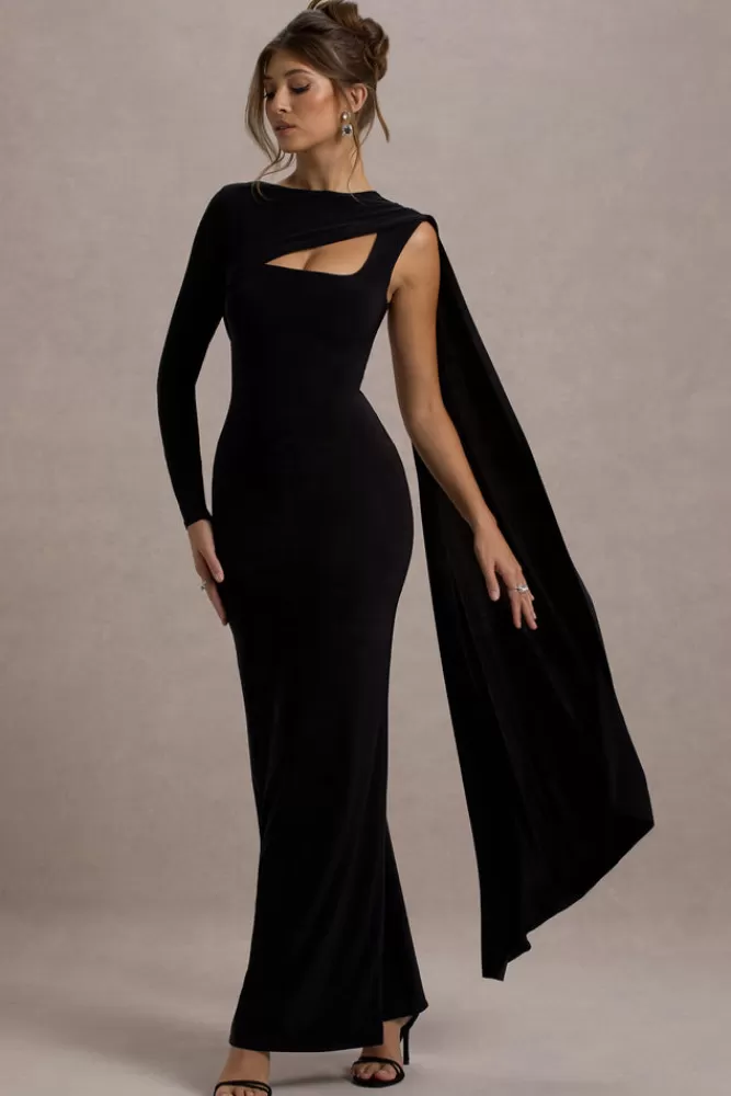 Club L London Ashini | One-Sleeve Maxi Dress With Cape BLACK Cheap