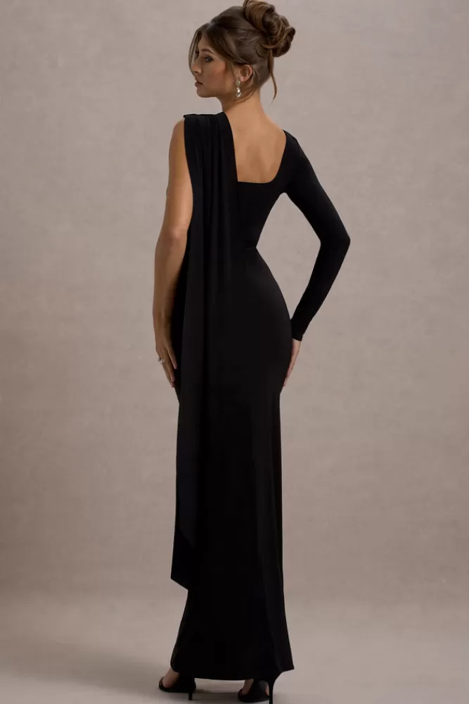 Club L London Ashini | One-Sleeve Maxi Dress With Cape BLACK Cheap