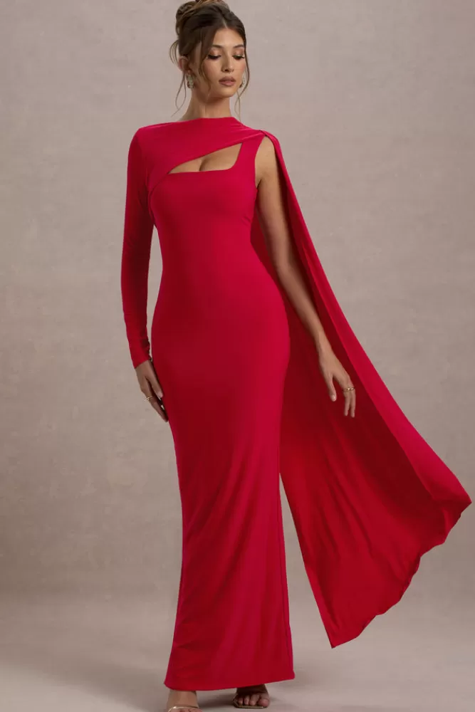 Club L London Ashini | One-Sleeve Maxi Dress With Cape RED Cheap