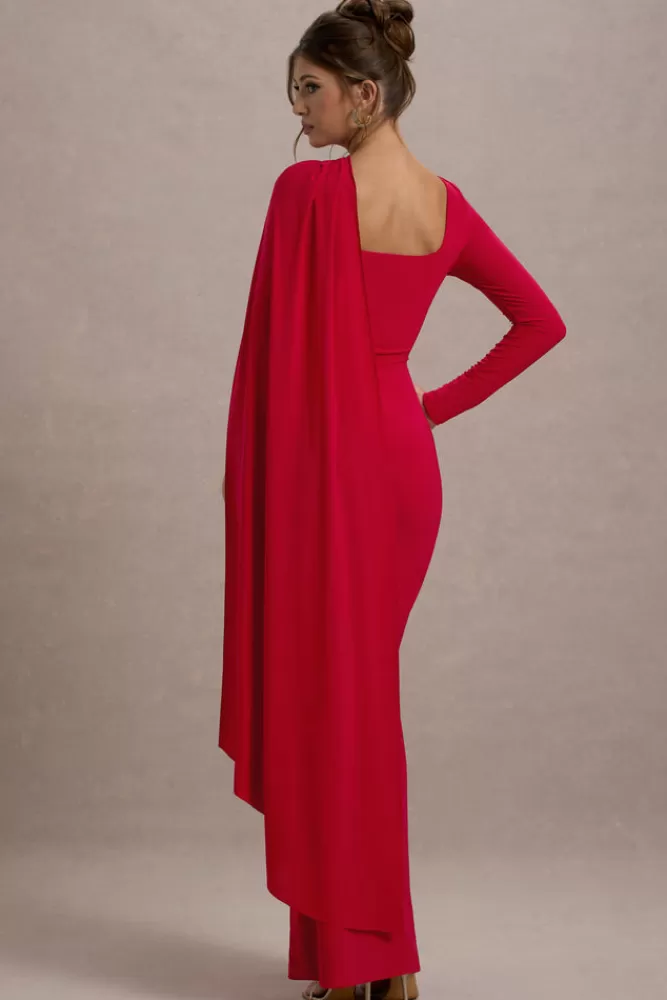 Club L London Ashini | One-Sleeve Maxi Dress With Cape RED Cheap