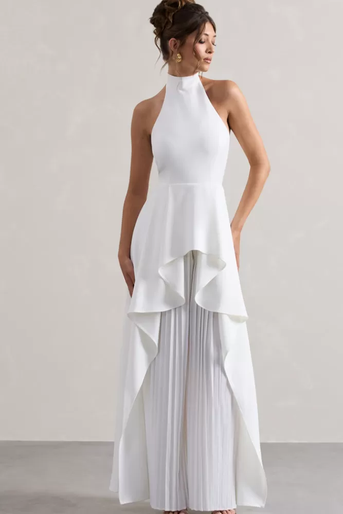 Club L London Ashwood | Plisse High-Neck Cape Jumpsuit WHITE Best Sale