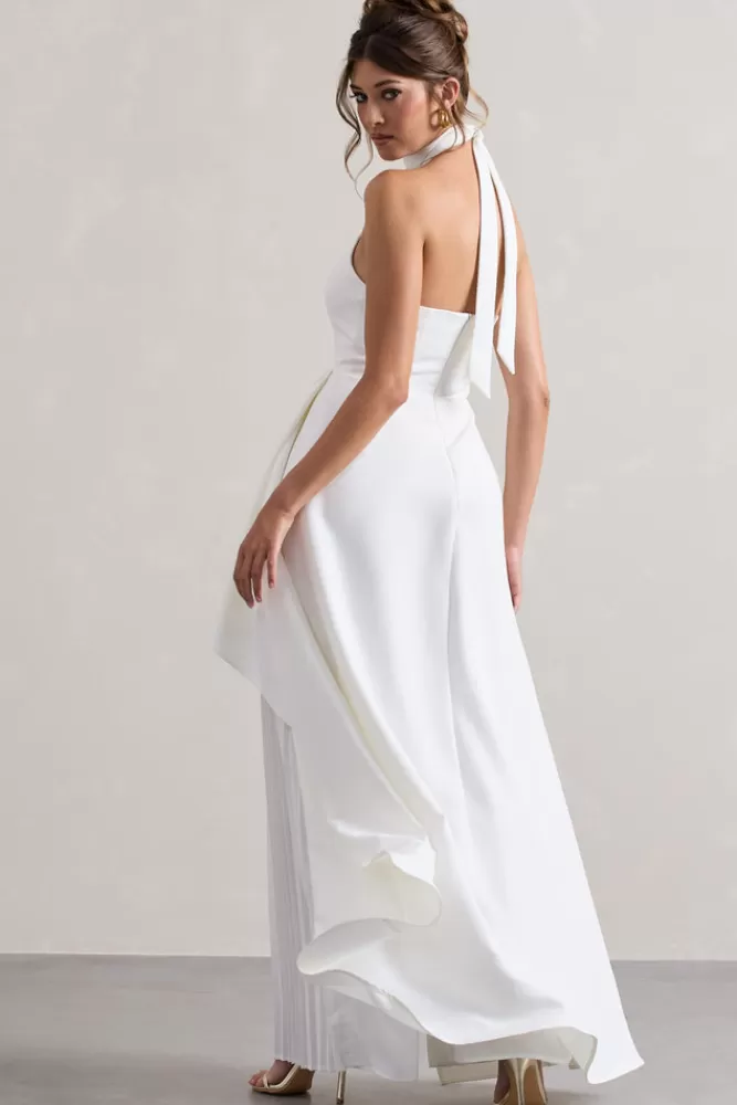 Club L London Ashwood | Plisse High-Neck Cape Jumpsuit WHITE Best Sale