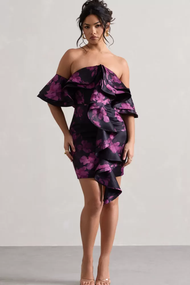 Club L London Aspen | Black Floral Print Bardot Mini Dress With Ruffles BLACKFLORAL Best