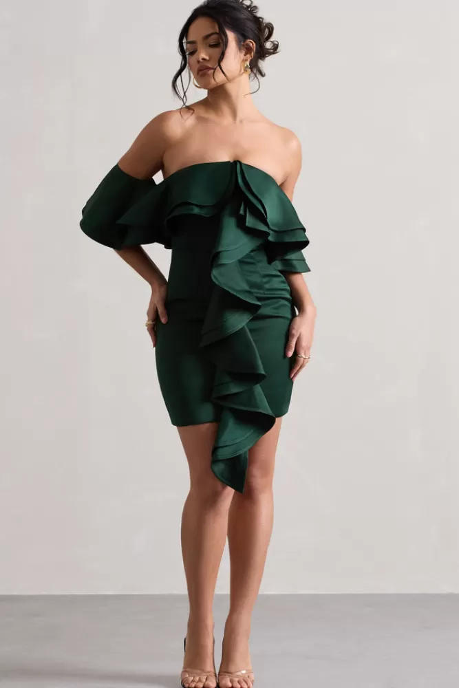 Club L London Aspen | Bottle Green Bardot Mini Dress With Ruffles BOTTLEGREEN Cheap