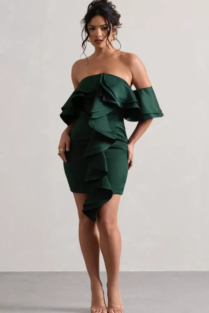 Club L London Aspen | Bottle Green Bardot Mini Dress With Ruffles BOTTLEGREEN Cheap